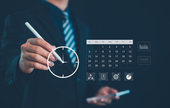 Business time management and scheduling concept with professional using stylus on digital interface, calendar planning, workflow organization, productivity tracking, and data analytics dashboard