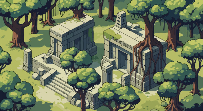Isometric ancient temple ruins in jungle, stone archaeological site with overgrown trees, abandoned tropical forest sanctuary vector illustration