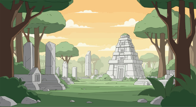 Ancient Mayan temple ruins in jungle landscape, stone pyramid in tropical forest clearing, flat vector illustration for game background