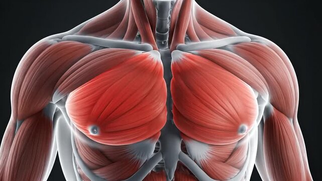 Human anatomy illustration showing the pectoralis major muscle highlighted in red on a male torso