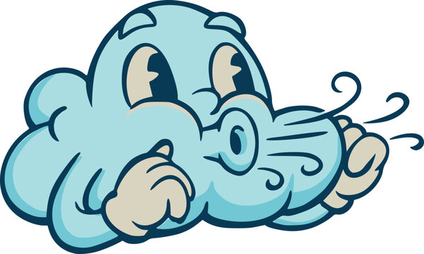 Cartoon blue cloud character blowing wind with puffed cheeks, expressive eyes, and swirling gust lines, isolated on white as a playful weather icon