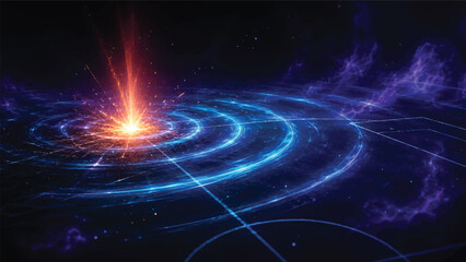 Obraz premium Abstract football impact wave background with glowing orange center and blue energy spiral