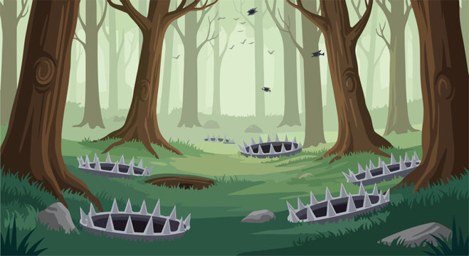Mysterious forest landscape with hidden bear traps, dangerous woodland scene with metal jaw traps, dark forest background for business risk concepts