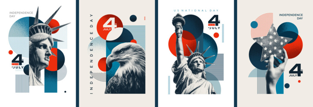 US Independence Day posters collection. Stylish designs with newspaper halftone Statue of Liberty, national eagle and geometric shapes. 4th of July, National Day