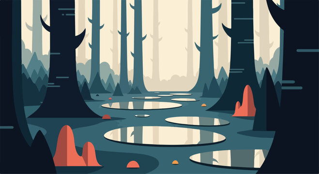 Minimalist forest landscape vector, flat design woodland scenery with dark trees and water puddles, serene nature background for web banners