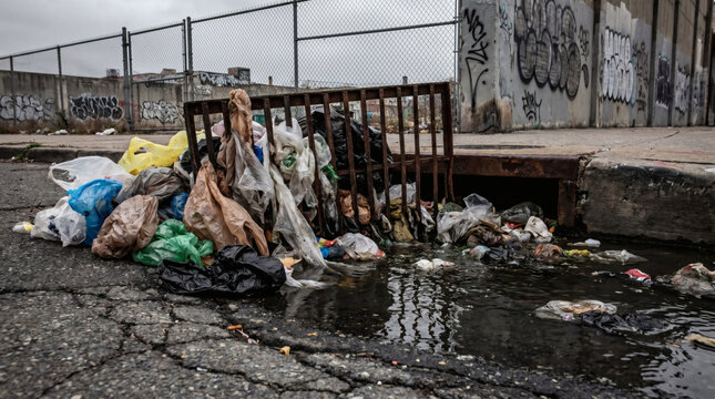 Urban pollution and litter in city streets.