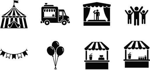 Vector icon set for festivals and public events featuring circus tent food truck stage performance and market stalls © SHANJIDA