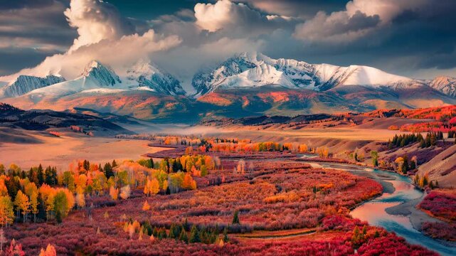 A winding river gently flows through a vivid autumn valley with glowing red and orange foliage