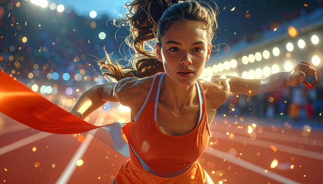 Female runner crossing the finish line at night stadium.