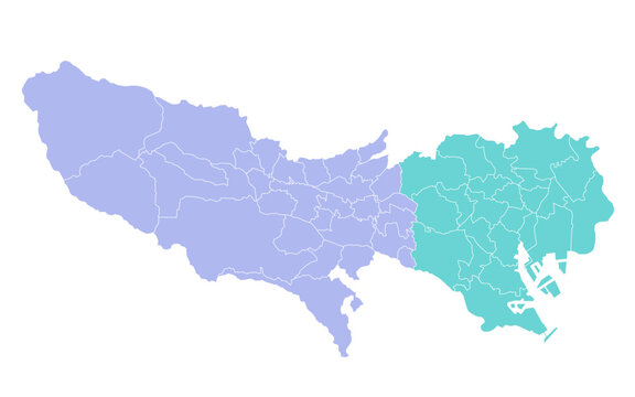 分割できる東京都の地図のイラスト（二色）　市、町、村、区　パーツ分け