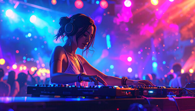 Female DJ performing music at a vibrant nightclub event.