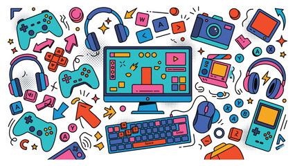 Cartoon vector illustration of game consoles and gamer accessories with bright colors. © MdJubayer