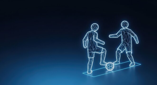 Two luminous wireframe soccer players engaged in a digital game with a glowing ball