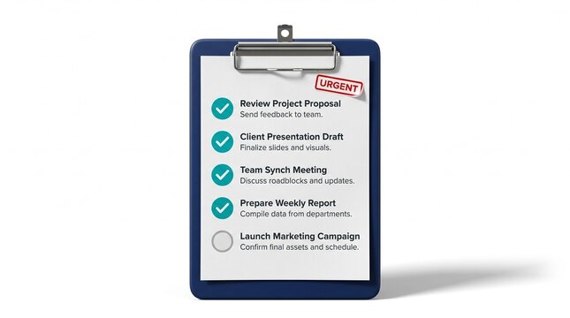 Clipboard holding a project checklist with tasks marked as complete or pending