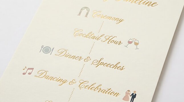An elegant wedding timeline, outlining the schedule for the special event, with various activities and events