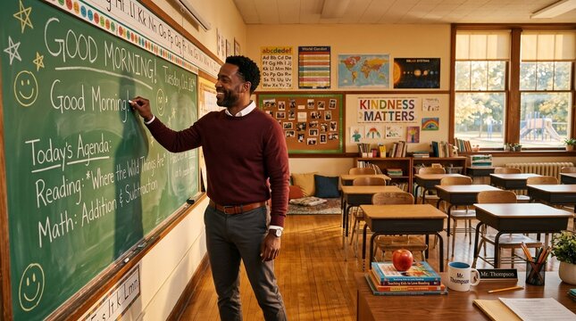 A teacher stands by a blackboard in a bright classroom discussing the day's agenda.