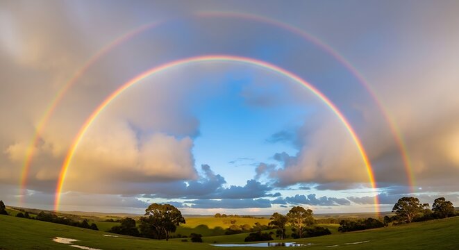 Stunning double rainbow arches across the sky above green landscape