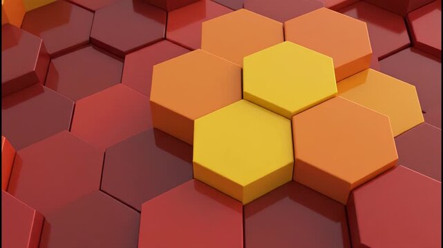 A 3D render of interlocking hexagonal prisms in warm tones