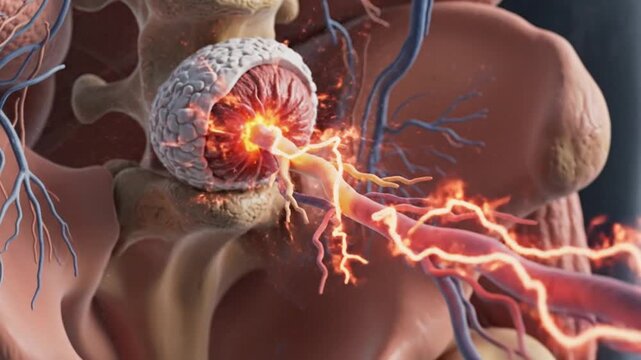 Cinematic macro view spinal disc herniation severe compression of sciatic nerve glowing inflamed area pulsing waves spreading along nerve realistic anatomy textures subtle vibration effect dramatic li