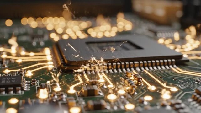 Close-up of Computer Motherboard with Glowing Circuits and Microchip, Technology Concept