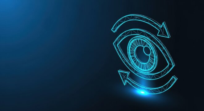 Futuristic digital eye with glowing neon lines representing advanced vision technology and data analysis