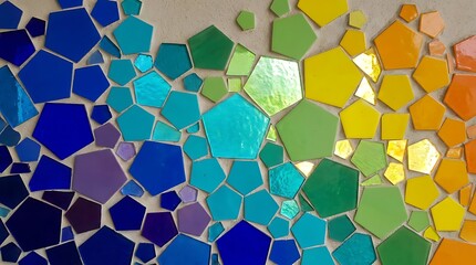 Fototapeta premium Colorful mosaic tiles in vibrant shades of blue green yellow and orange create a bold geometric