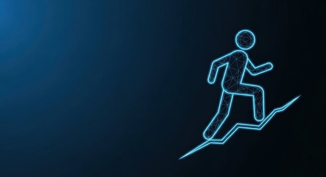Glowing neon abstract runner in motion with digital network effect on dark blue background