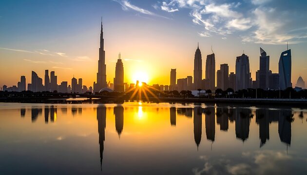 A serene cityscape at sunset with skyscrapers reflected in water (89)