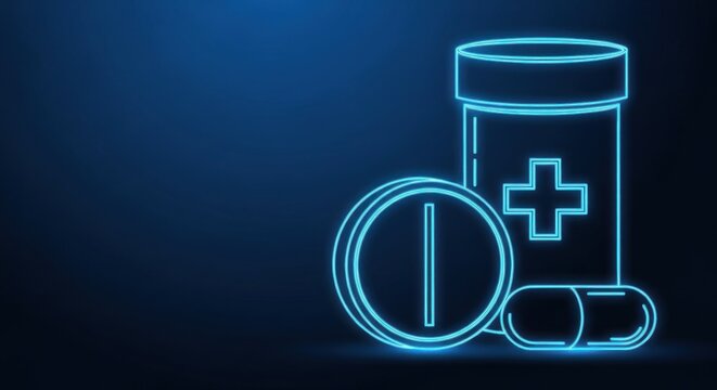 Neon blue outline of a medicine bottle and pill with a cross symbol on a dark background