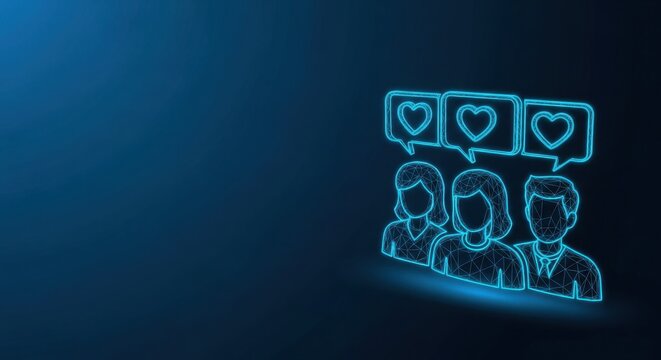 Digital connection of people with social media hearts and communication bubbles