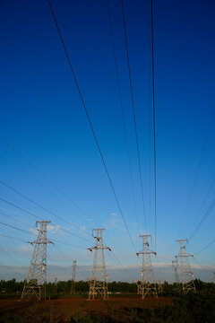 Pylon, high-voltage tower sky background.