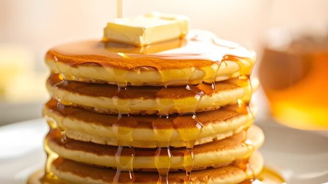 Golden Pancake Stack Dripping Sweet Syrup in Warm Morning Light