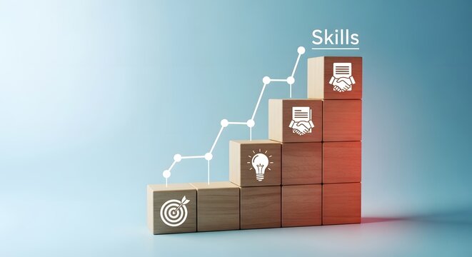 Skills development concept wooden blocks building growth with icons