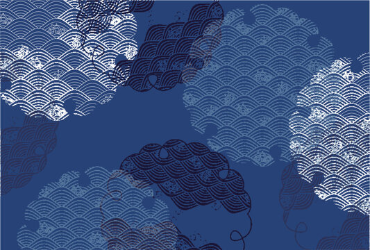Traditional Japanese Style Ocean Wave Pattern with Stylized Clouds Background