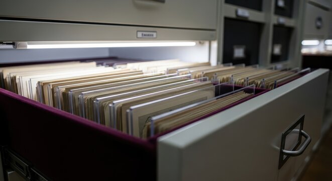 Neatly organized archival drawer filled with manila folders and documents, showcasing efficient information management.