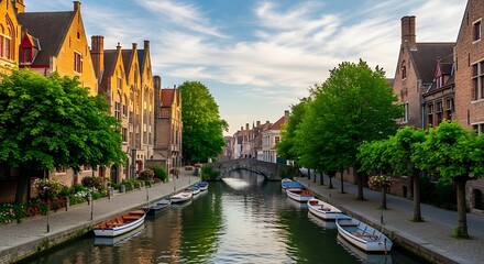 Obraz premium Scenic waterway with boats buildings and lush trees under a bright blue sky
