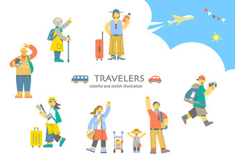 Fototapeta premium People enjoying their travels: Colorful and stylish flat illustrations