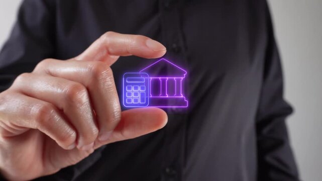 E-commerce expense evaluation. Close-up of a woman's hands holding a virtual calculator icon with a shopping cart between her two fingers.