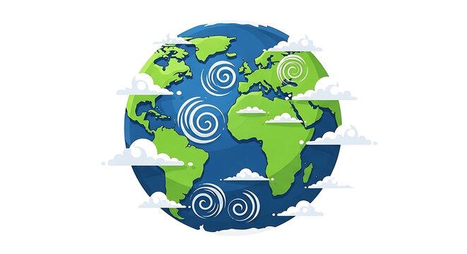 Stylized Earth Globe with Clouds and Wind Swirls
