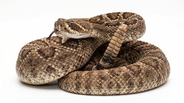 Coiled rattlesnake with tongue extended, a dangerous venomous reptile, diamondback snake, wildlife photography for nature and animal themes