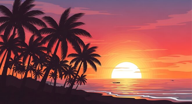 Sunset Beach Scene with Silhouetted Palm Trees
