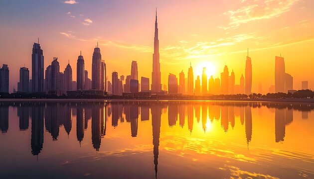 A serene cityscape at sunset with skyscrapers reflected in water (220)