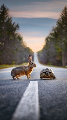 Fototapeta premium Hare and Tortoise on a long straight road. Competitive advantage for persistence and consistency concept