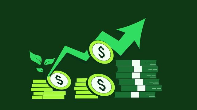 2D animation of financial growth with stacks of money increasing upward. Smooth motion graphic representing rising income, business success, investment growth,