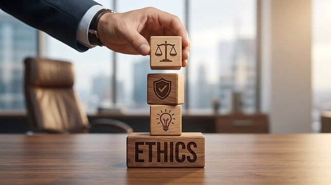 Business professional stacking wooden blocks with icons for ethics, justice, and security, symbolizing integrity and moral principles in a corporate office setting.