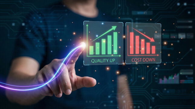 Business professional selecting quality improvement with holographic bar chart comparison showing upward growth trend for cost reduction and value optimization