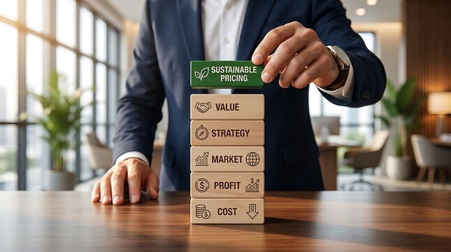 Business executive places 'Sustainable Pricing' block atop a stack of wooden blocks representing value, strategy, market, profit, and cost in an office.