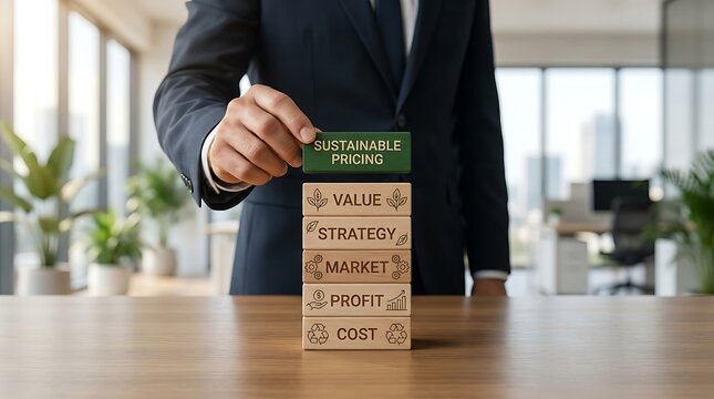 Businessman places 'Sustainable Pricing' block atop a stack of wooden blocks representing business strategy, value, market, profit, and cost.