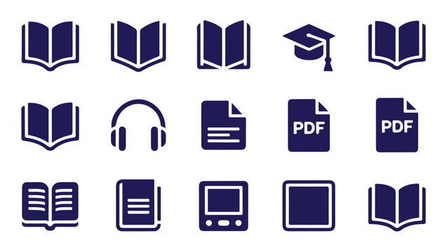 Navy blue icons for education and e-learning like books, PDFs, and headphones.
