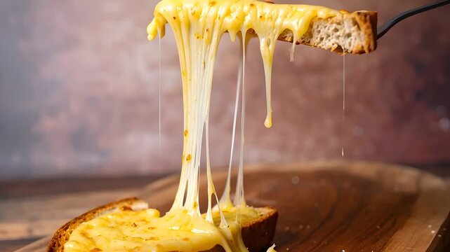 Melted Cheese Toast Stretching Over Rustic Wooden Plate in Close Up